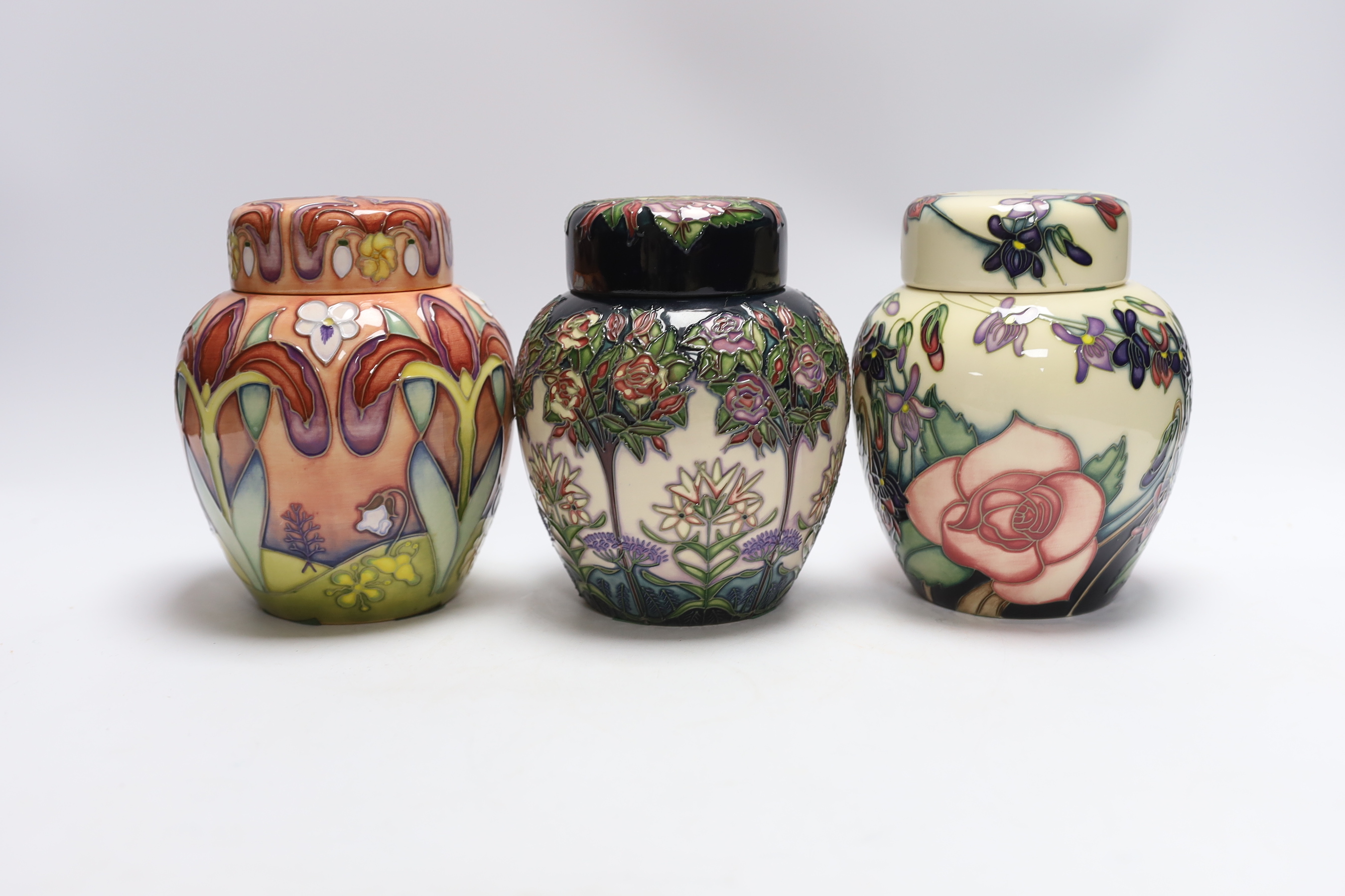 Three Moorcroft Shakespeare collection ginger jars; Winter's Tale, Romeo & Juliet and Twelfth Night patterns, all limited edition of 250, 15cm high